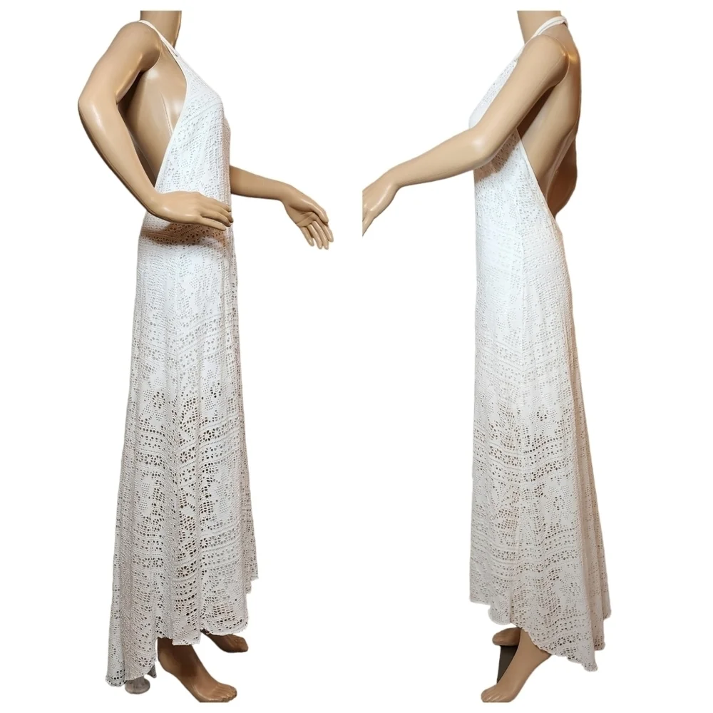 Free People Beach White Crochet Lace Knit Halter Maxi Dress Beachy‎ Boho Small